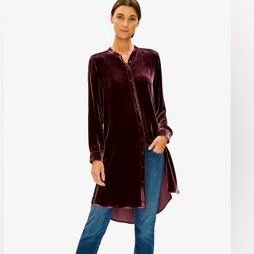 Eileen Fisher Womens Velvet Silk Blend Button Up Tunic Burgundy Lagenlook New